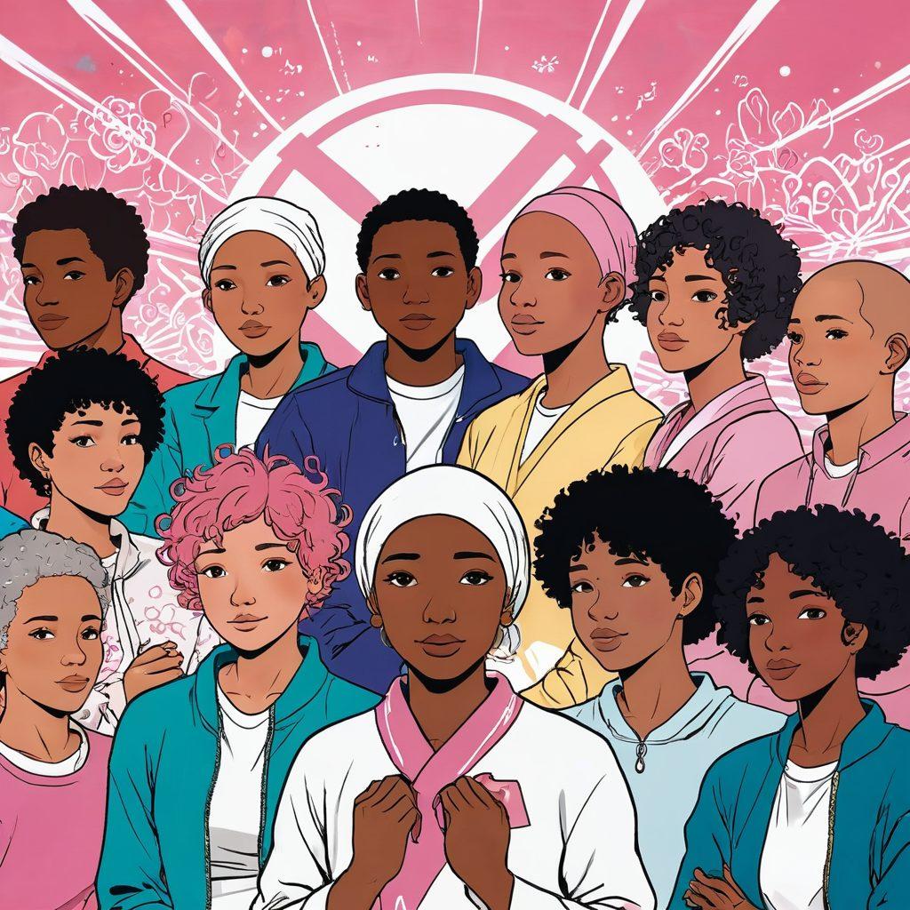 A vibrant manga-inspired illustration of diverse characters sharing their cancer survivor stories, each reflecting different emotions - hope, resilience, and support. Surround them with symbols of awareness like pink ribbons and cancer cells creatively blended into the background. The scene should evoke a sense of community and strength, showcasing a unique intersection of health and adult themes. vivid colors. comic style. dynamic composition.
