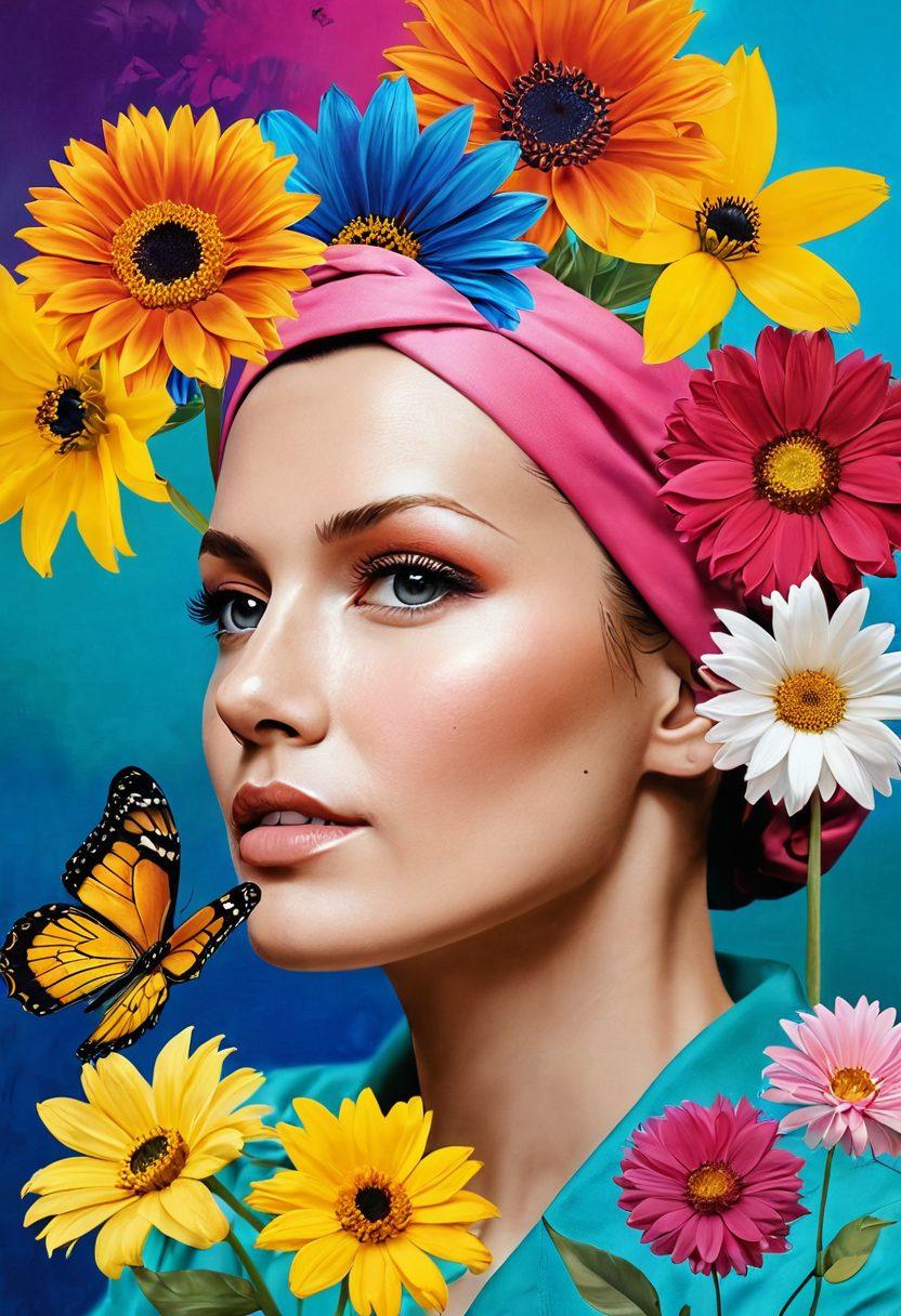 A dynamic collage blending various art forms such as painting, digital art, and photography, depicting cancer patients being empowered through adult content with vibrant colors and bold imagery. Include elements of hope like flowers and light to symbolize healing, juxtaposed with artistic representations of the adult industry. The layout should be engaging and thought-provoking, evoking a sense of awareness and advocacy. super-realistic. vibrant colors. uplifting composition.