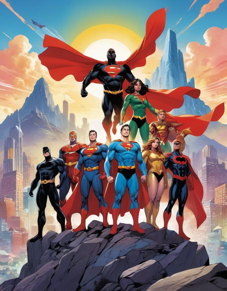 A vibrant, illustrated scene depicting a diverse group of superheroes, each representing individuals overcoming tumors, standing triumphantly on a mountain made of graphic novels. Their costumes symbolize strength and resilience, showcasing bright colors and powerful expressions. In the background, a city skyline reflects their journey, combining elements of realism and comic book style. Include floating panels that represent comic book stories filled with hope and courage. vector art. vibrant colors. dynamic composition.